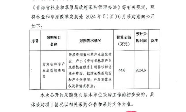 青海省林业草原局2024年5（至）6月采购意向