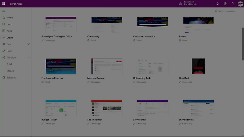 Okno usługi Microsoft Power Apps z różnymi szablonami