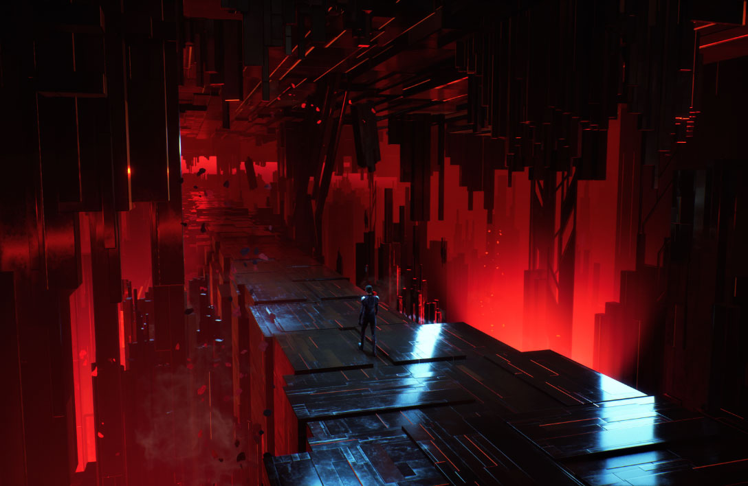 一个孤独的人走在红光闪烁的金属块搭建而成的桥上。