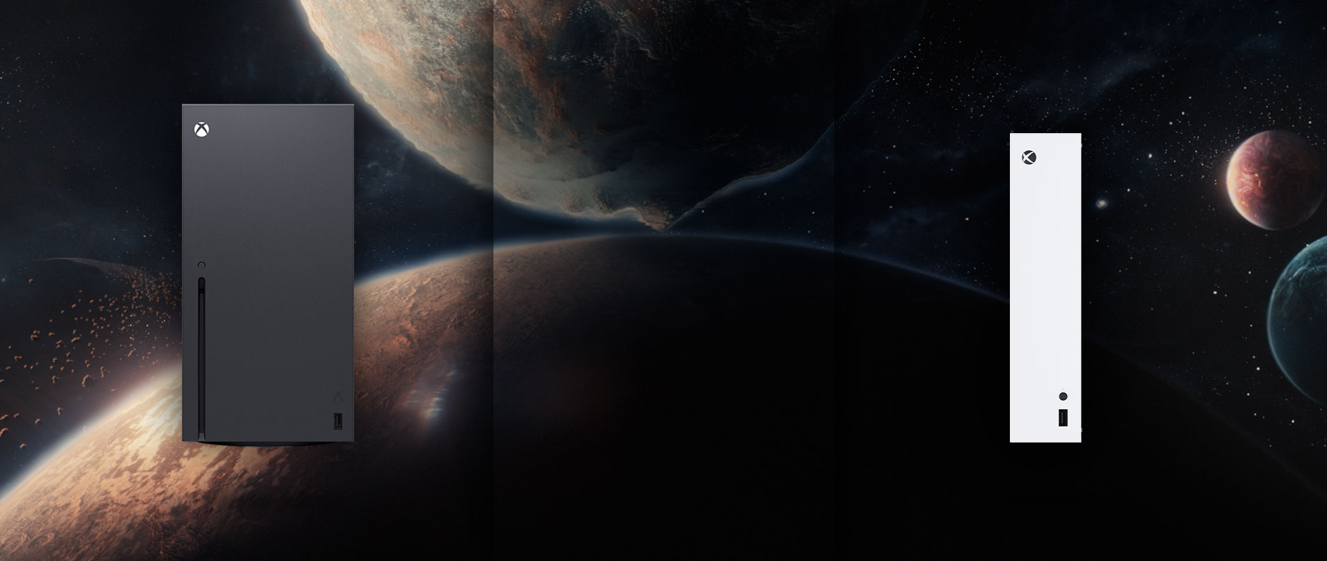 Xbox Series X and Xbox Series S consoles with two planets in the background