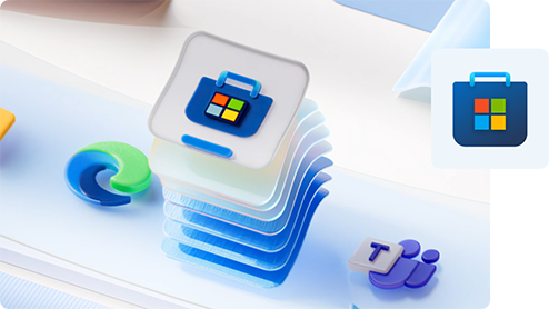 Plasti logotipa trgovine Microsoft Store, ki se odbijajo od strani, ob logotipih brskalnika Edge in aplikacije Teams