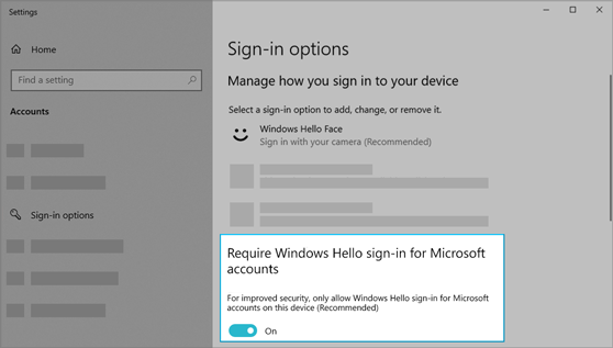 The option to use Windows Hello to sign in for Microsoft accounts turned on.