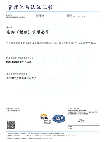 东陶（福建）有限公司 ISO45001认证证书