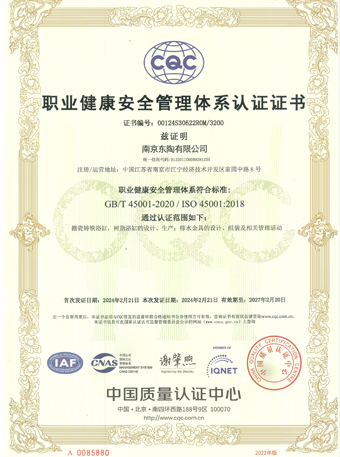 南京东陶有限公司 ISO45001认证证书